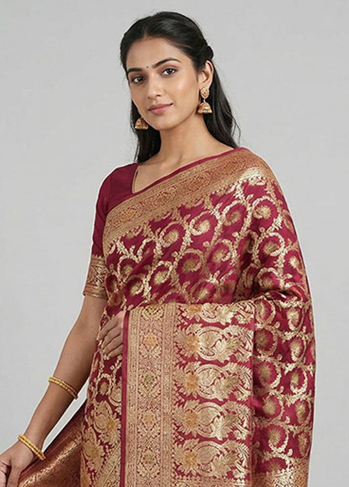 Maroon Handloom Banarasi Pure Silk Saree With Blouse Piece