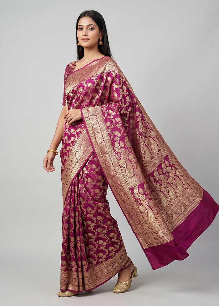 Purple Handloom Banarasi Pure Silk Saree With Blouse Piece