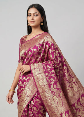 Purple Handloom Banarasi Pure Silk Saree With Blouse Piece