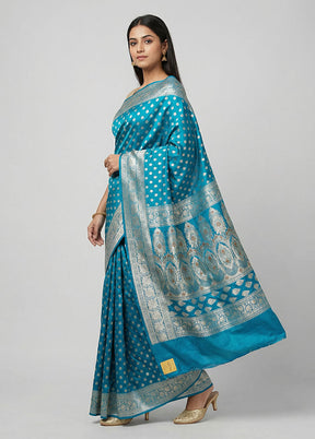 Blue Handloom Banarasi Pure Silk Saree With Blouse Piece
