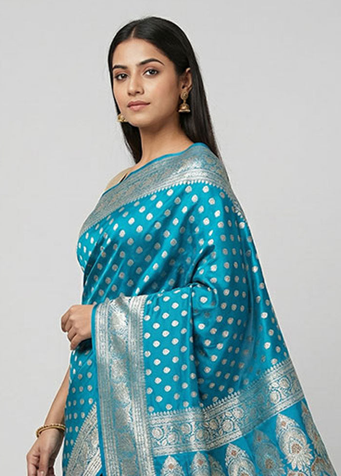 Blue Handloom Banarasi Pure Silk Saree With Blouse Piece