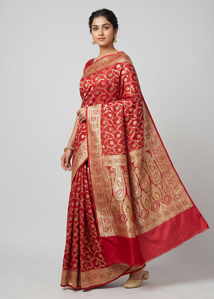 Red Handloom Banarasi Pure Silk Saree With Blouse Piece