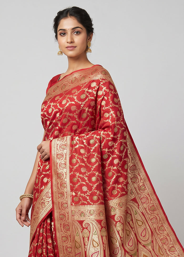 Red Handloom Banarasi Pure Silk Saree With Blouse Piece