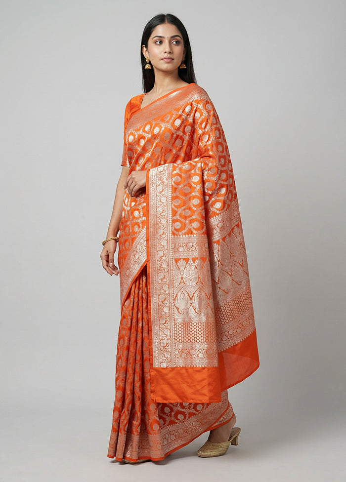 Orange Handloom Banarasi Pure Silk Saree With Blouse Piece