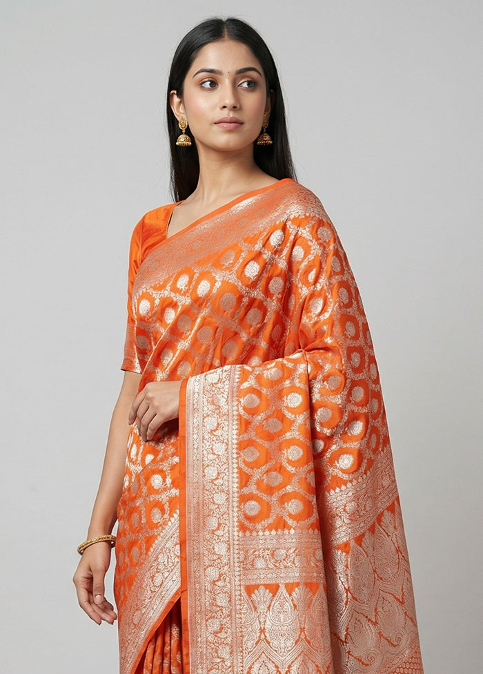 Orange Handloom Banarasi Pure Silk Saree With Blouse Piece