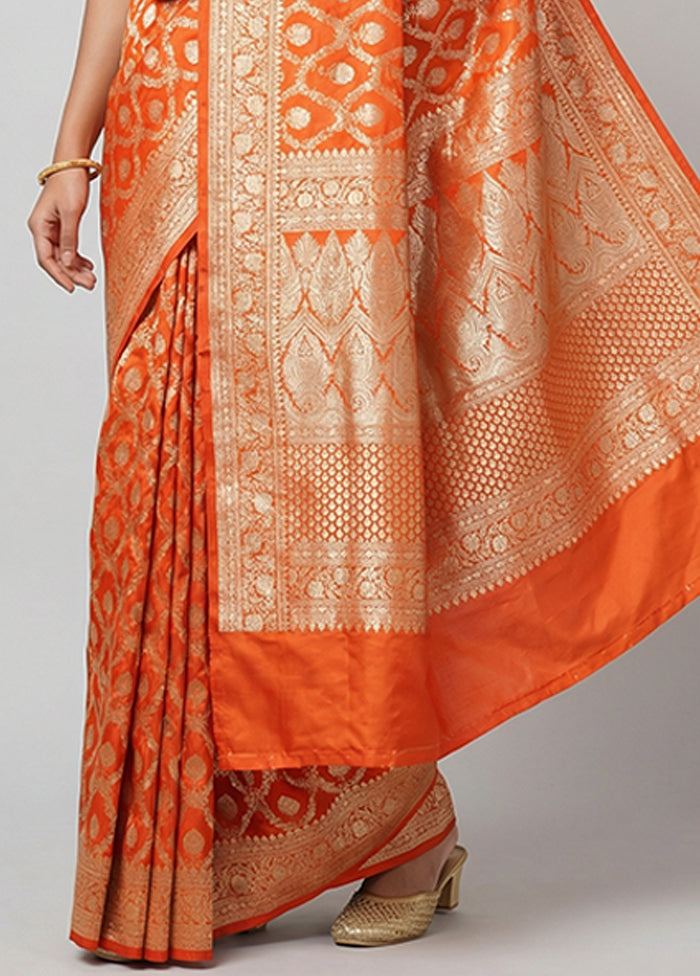Orange Handloom Banarasi Pure Silk Saree With Blouse Piece