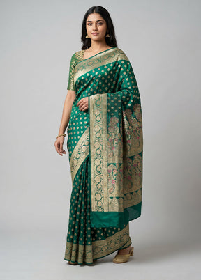 Green Handloom Banarasi Pure Silk Saree With Blouse Piece