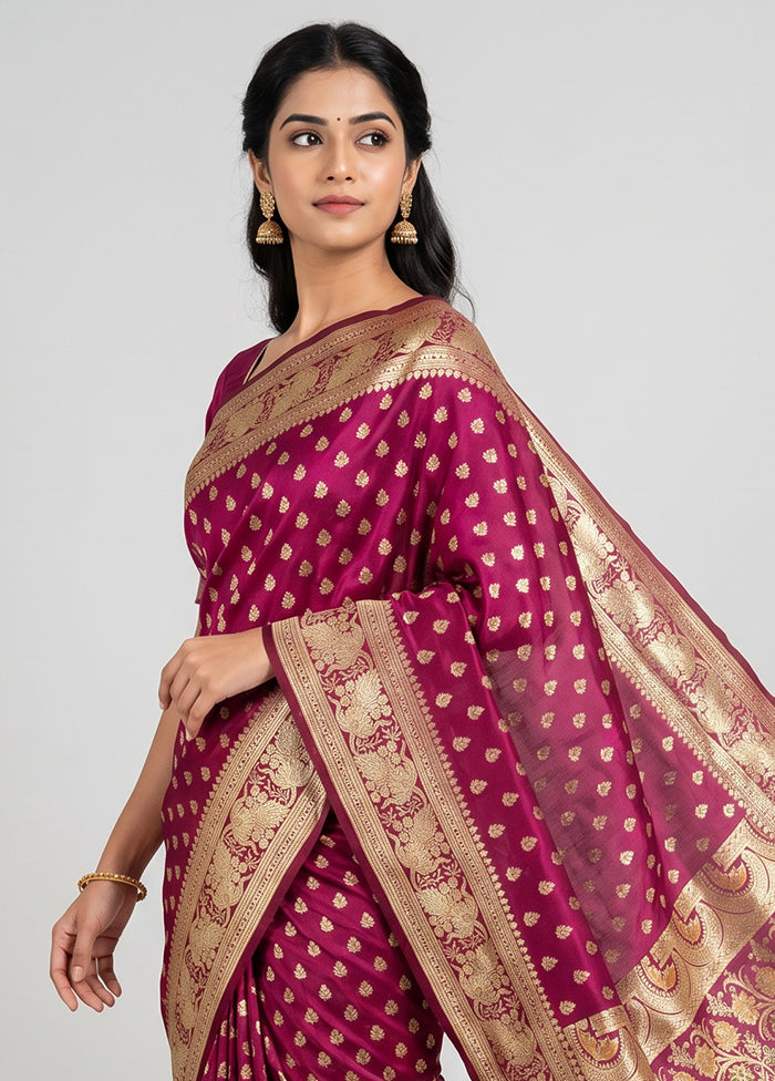 Maroon Handloom Banarasi Pure Silk Saree With Blouse Piece