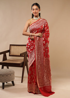 Red Handloom Pure Georgette Saree With Blouse Piece