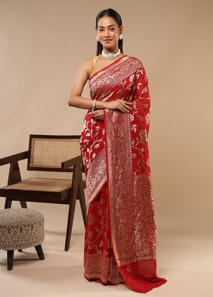 Red Handloom Pure Georgette Saree With Blouse Piece