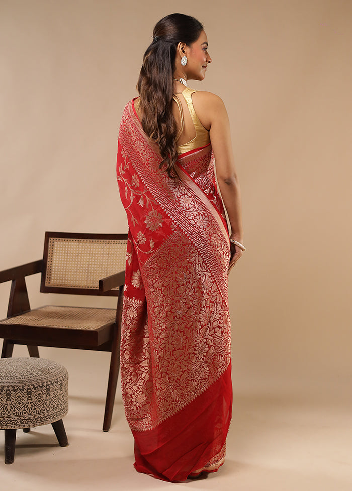 Red Handloom Pure Georgette Saree With Blouse Piece