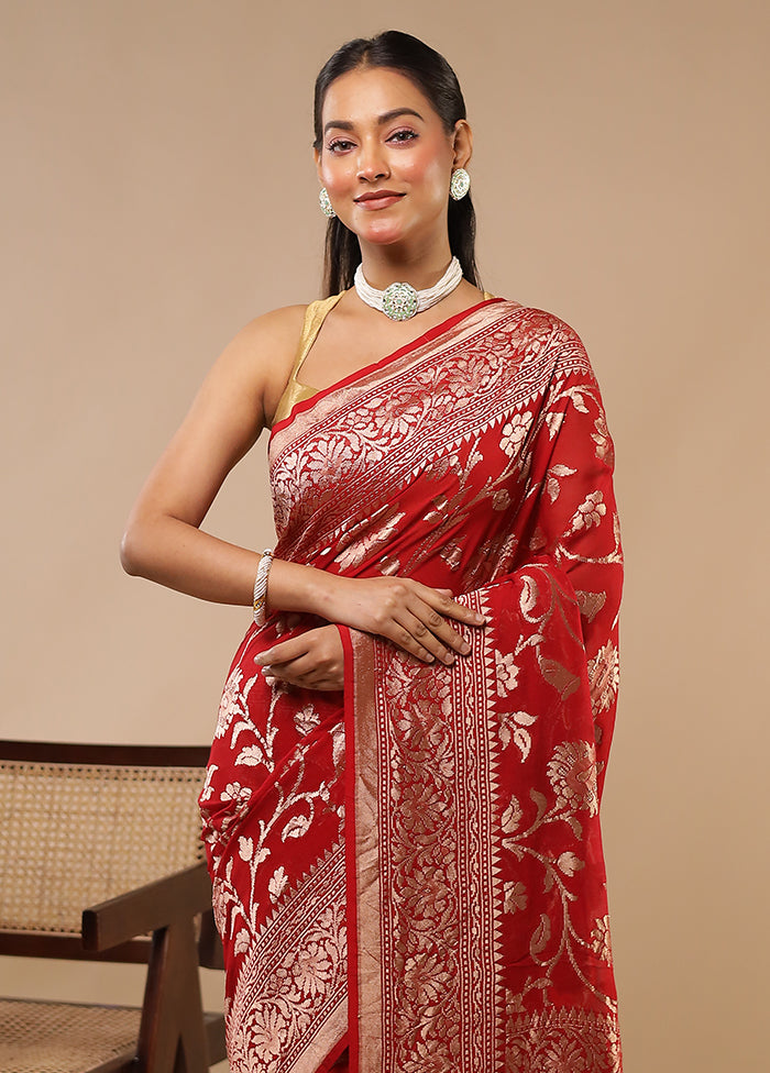 Red Handloom Pure Georgette Saree With Blouse Piece