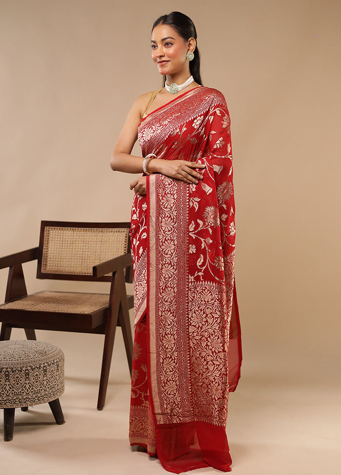 Red Handloom Pure Georgette Saree With Blouse Piece