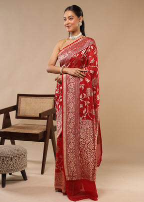 Red Handloom Pure Georgette Saree With Blouse Piece