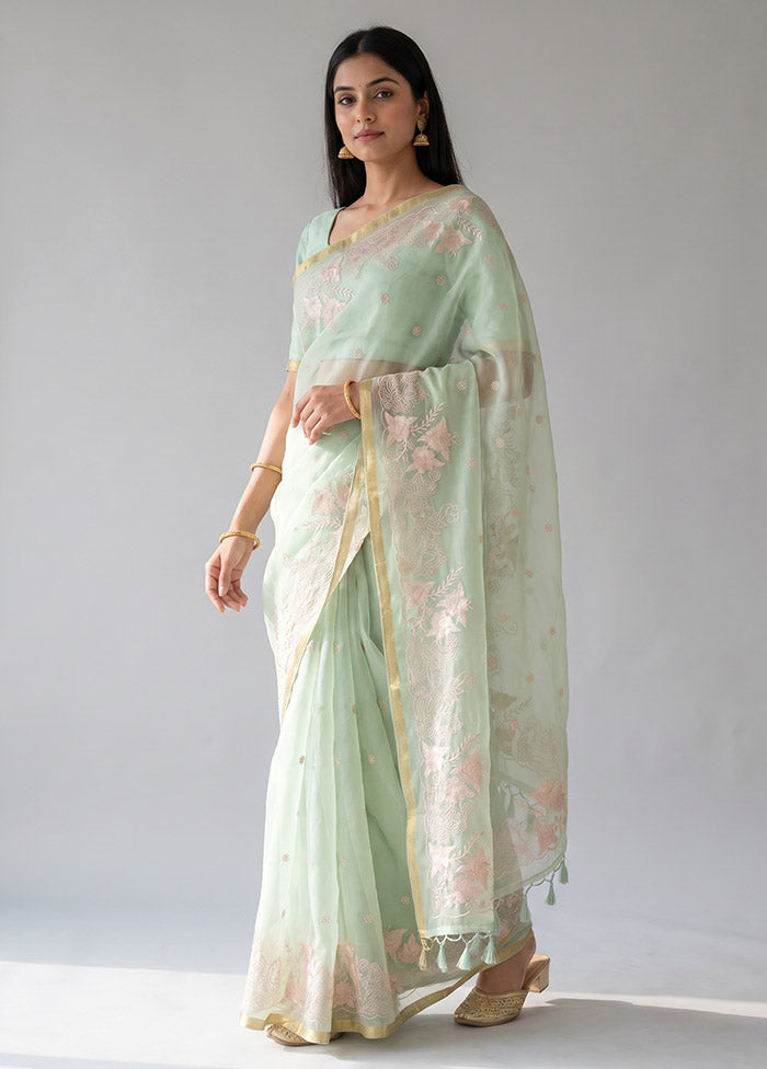 Green Organza Saree With Blouse Piece