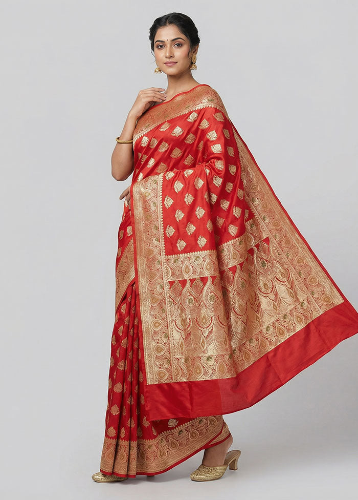 Red Banarasi Silk Saree With Blouse Piece