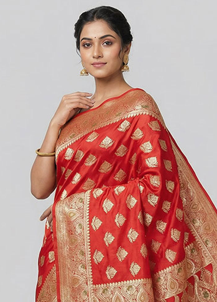 Red Banarasi Silk Saree With Blouse Piece