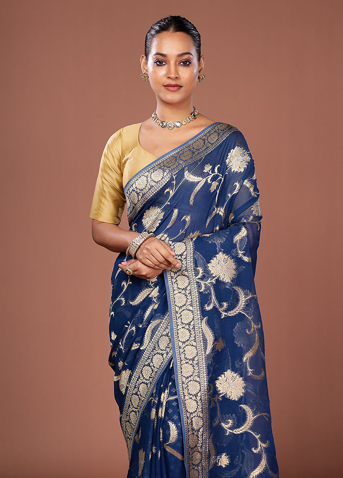 Blue Georgette Saree With Blouse Piece