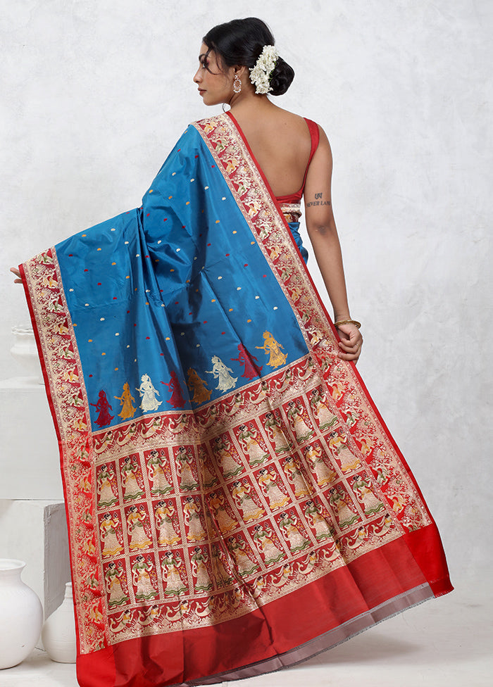 Blue Katan Pure Silk Saree With Blouse Piece - Indian Silk House Agencies