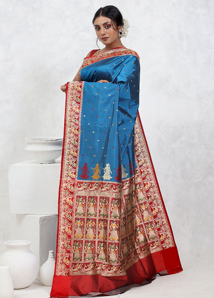 Blue Katan Pure Silk Saree With Blouse Piece - Indian Silk House Agencies