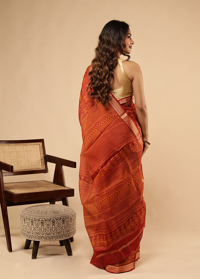 Rust Printed Pure Silk Saree Without Blouse Piece
