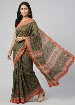 Green Printed Silk Saree Without Blouse Piece