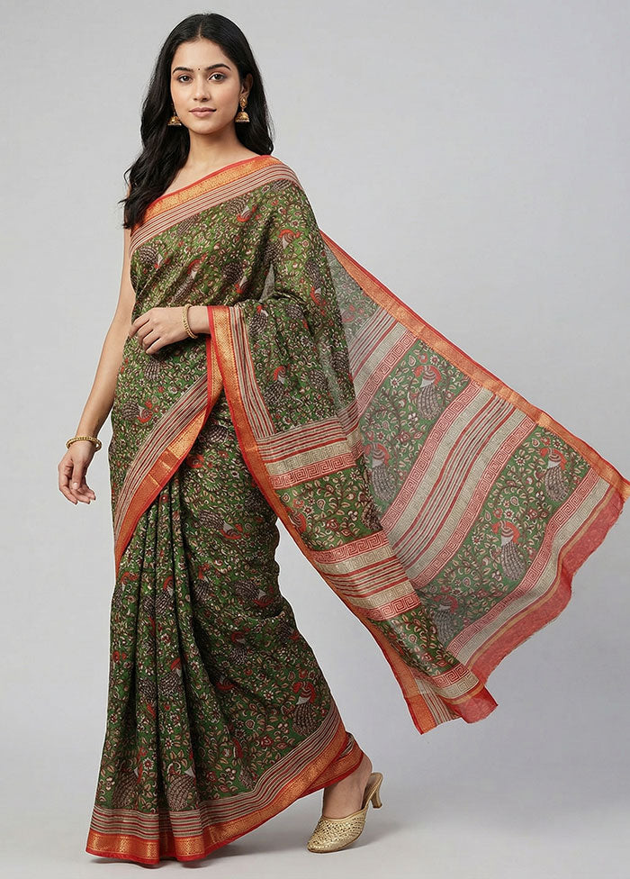 Green Printed Silk Saree Without Blouse Piece