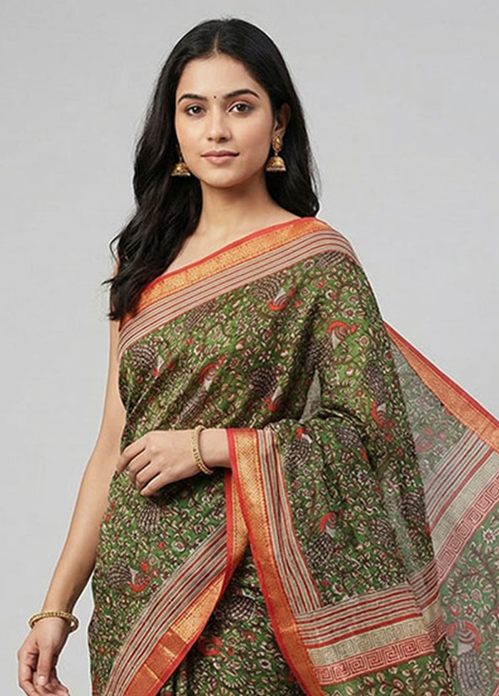 Green Printed Silk Saree Without Blouse Piece