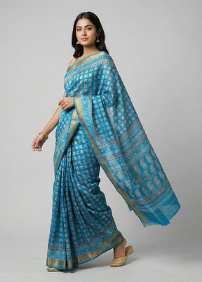 Blue Printed Silk Saree Without Blouse Piece