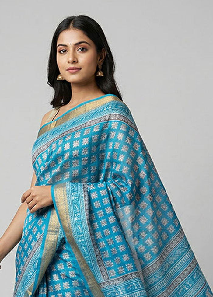 Blue Printed Silk Saree Without Blouse Piece