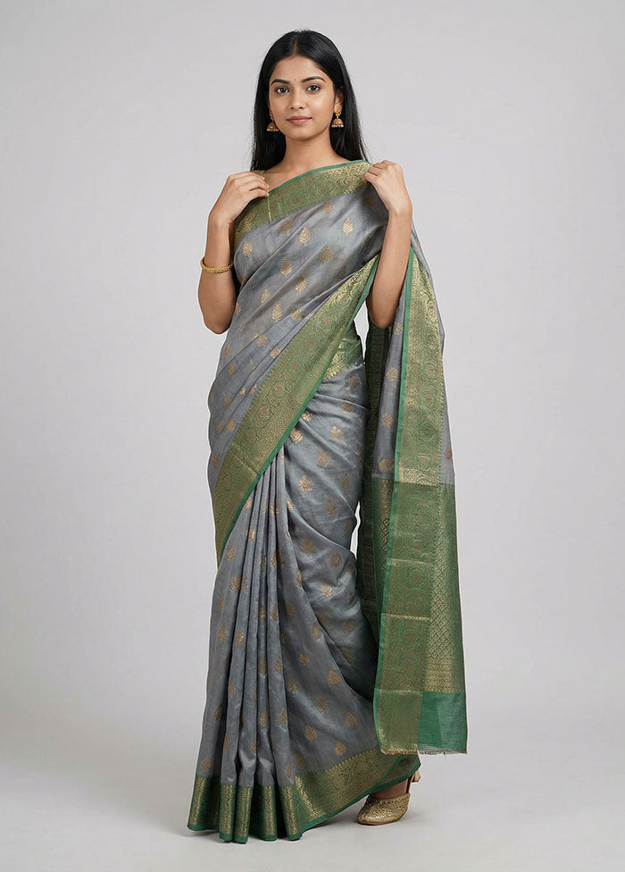 Grey Tussar Silk Saree With Blouse Piece