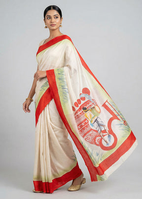 Cream Printed Silk Saree Without Blouse Piece