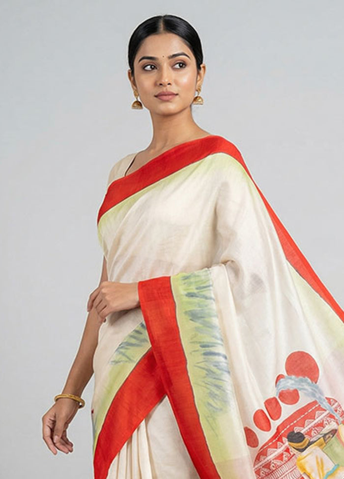 Cream Printed Silk Saree Without Blouse Piece