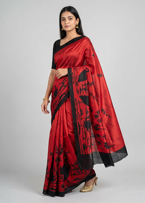 Red Printed Silk Saree Without Blouse Piece