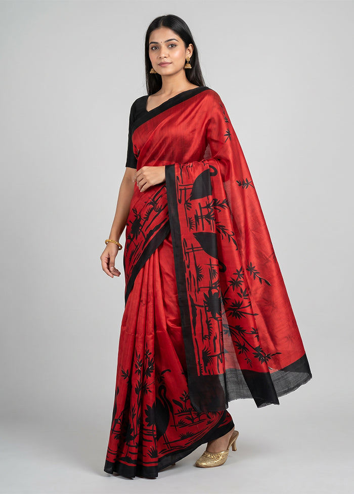 Red Printed Silk Saree Without Blouse Piece
