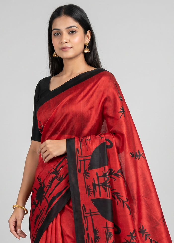 Red Printed Silk Saree Without Blouse Piece