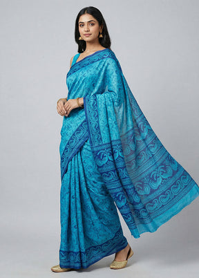 Blue Printed Silk Saree Without Blouse Piece