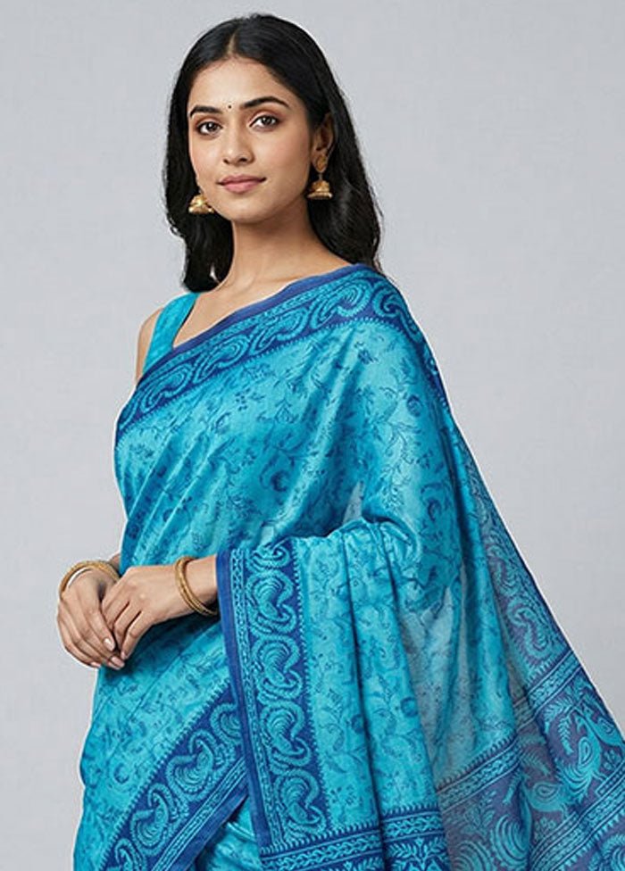 Blue Printed Silk Saree Without Blouse Piece