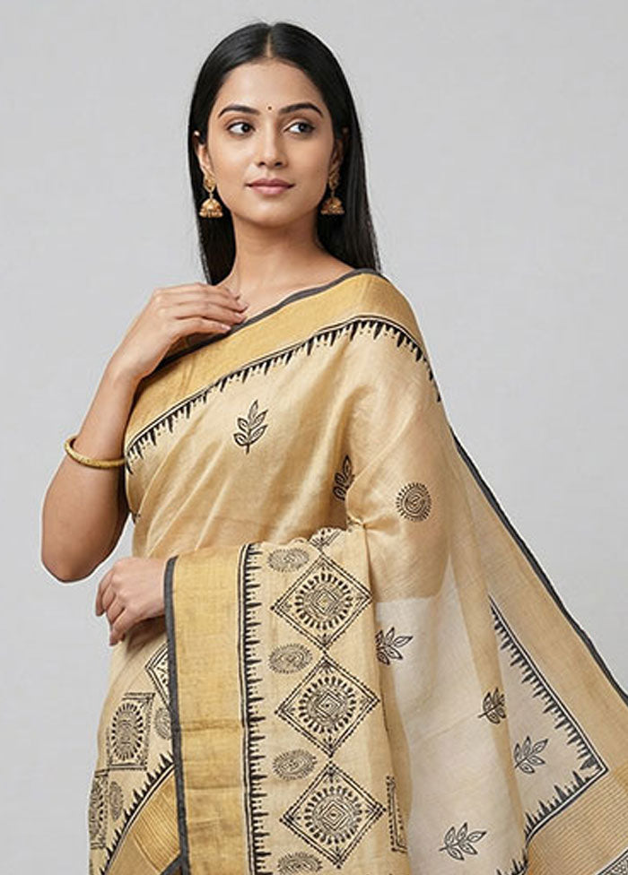 Cream Tussar Silk Saree With Blouse Piece