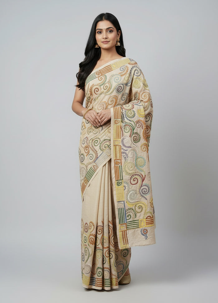 Cream Handloom Kantha Stitch Pure Silk Saree With Blouse Piece