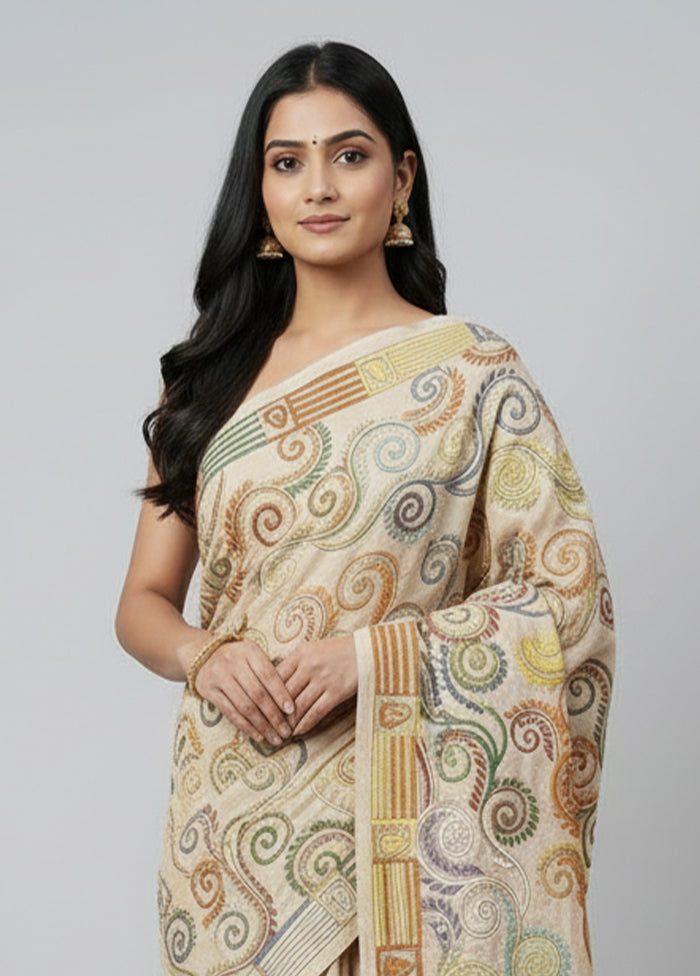 Cream Handloom Kantha Stitch Pure Silk Saree With Blouse Piece