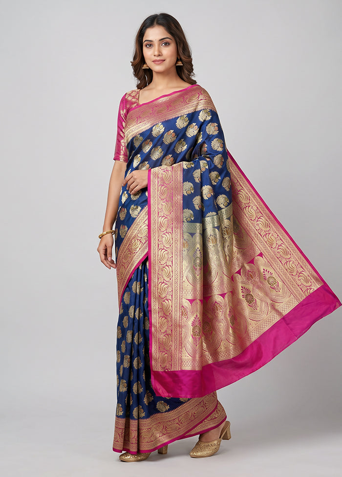 Blue Banarasi Silk Saree With Blouse Piece
