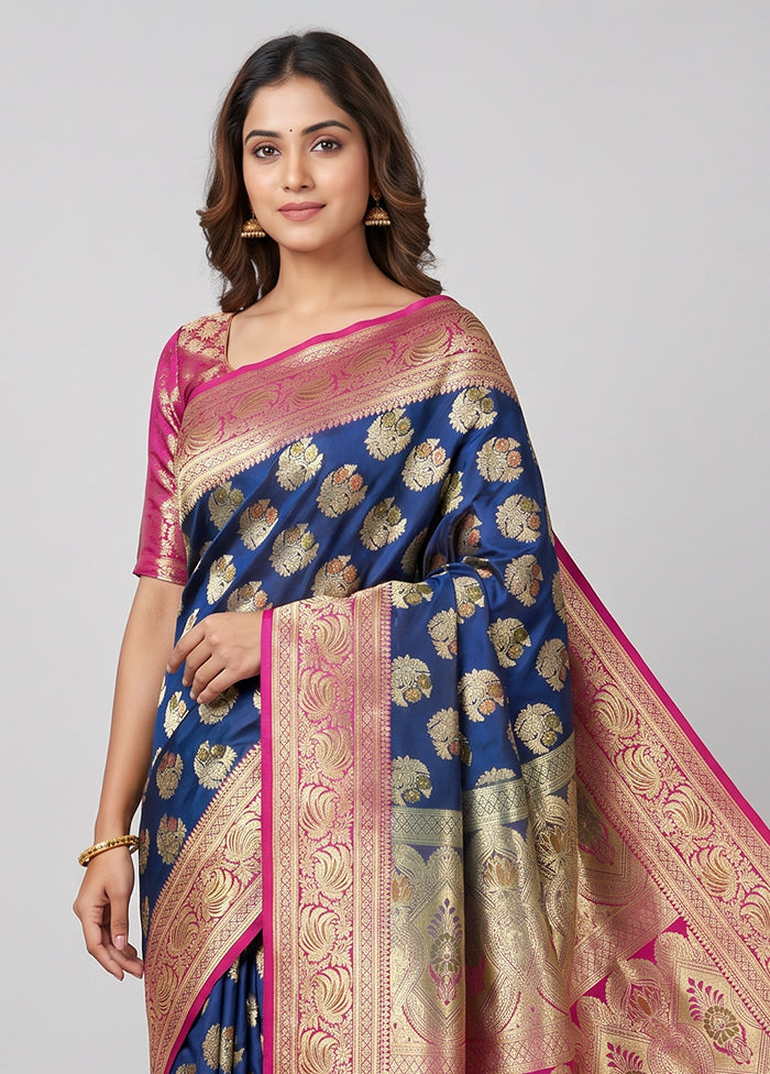 Blue Banarasi Silk Saree With Blouse Piece