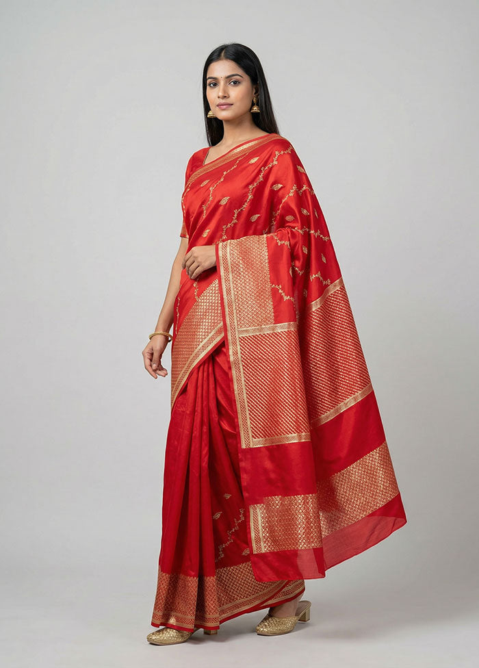 Red Banarasi Silk Saree With Blouse Piece