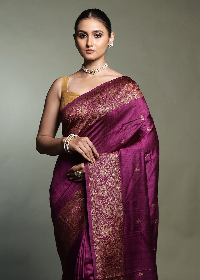 Purple Handloom Tussar Pure Silk Saree With Blouse Piece