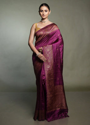 Purple Handloom Tussar Pure Silk Saree With Blouse Piece