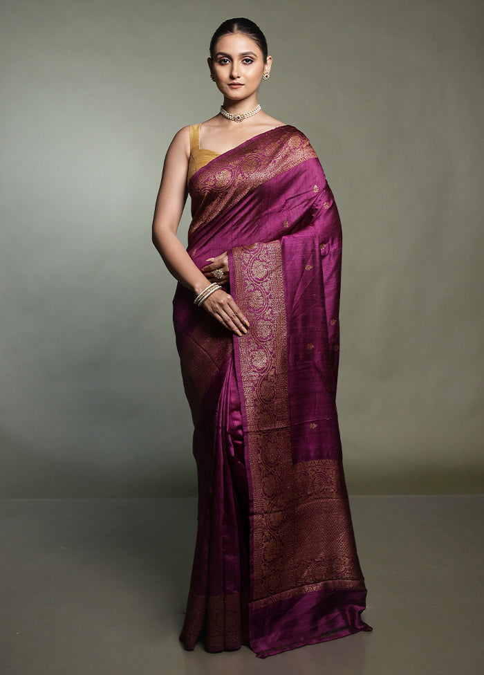 Purple Handloom Tussar Pure Silk Saree With Blouse Piece