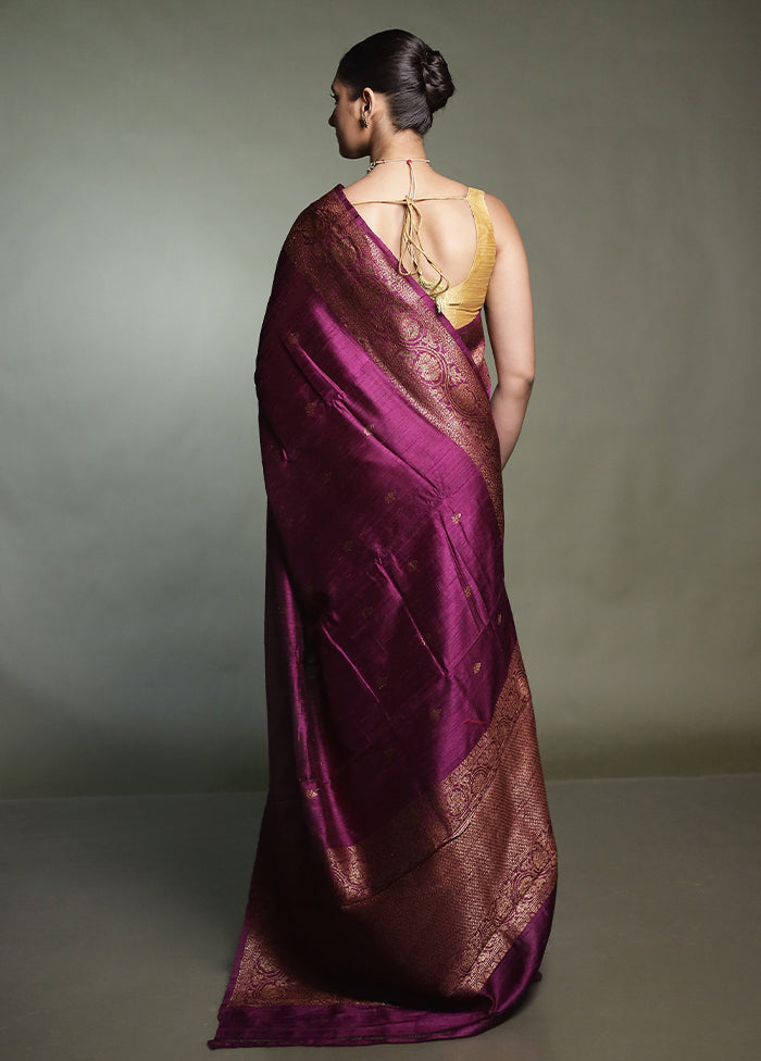 Purple Handloom Tussar Pure Silk Saree With Blouse Piece