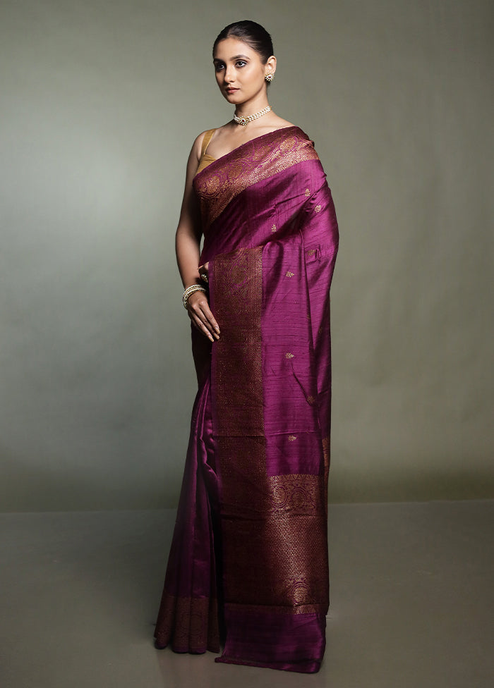 Purple Handloom Tussar Pure Silk Saree With Blouse Piece