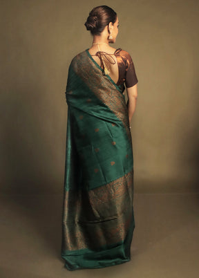 Green Handloom Tussar Pure Silk Saree With Blouse Piece